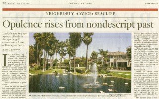 Newspaper article “Opulence rises from nondescript past” with a photograph of a landscaped fountain.