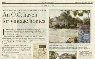 Newspaper article “An O.C. haven for vintage homes” with a photograph of a historic house.
