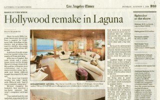Newspaper article “Hollywood remake in Laguna” with a photograph of a furnished living room.