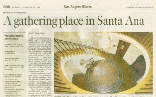 Newspaper article “A gathering place in Santa Ana” with an overhead photograph of an interior staircase.
