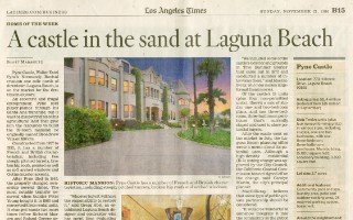 Newspaper article “A castle in the sand at Laguna Beach” with a photograph of a coastal home.
