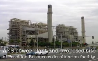 AES power plant buildings and smokestacks with text identifying a proposed desalination facility site.