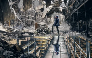 A person walks through the damaged interior of the Good Wine warehouse in Ukraine.