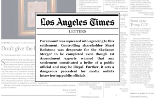 Scott Marshutz’s letter about the Paramount and Skydance merger, enlarged over a Los Angeles Times letters page.